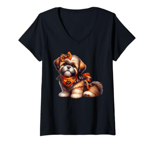 Damen Halloween Shih Tzu In Orange Bow Pumpkin Bandana for Dog Mom T-Shirt mit V-Ausschnitt von Cute Halloween Shih Tzu Gifts For Dog Lovers