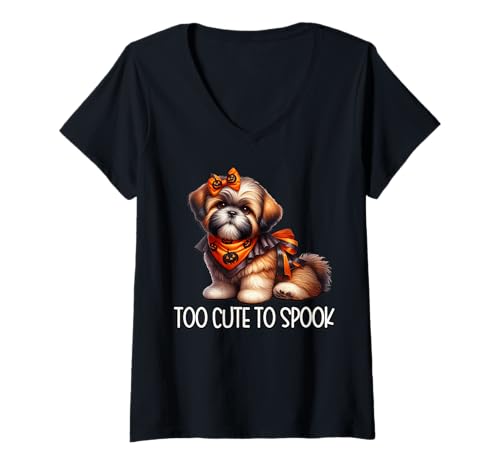 Damen Halloween Shih Tzu Puppy for Dog Mom is Too Cute to Spook T-Shirt mit V-Ausschnitt von Cute Halloween Shih Tzu Gifts For Dog Lovers