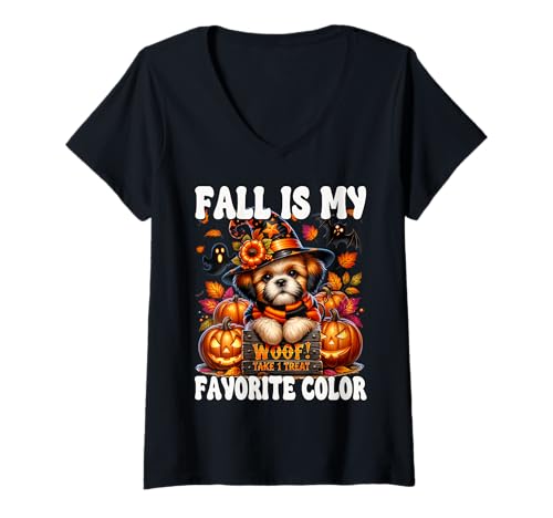 Damen Halloween Shih Tzu Puppy for Mom Fall is My Favorite Color T-Shirt mit V-Ausschnitt von Cute Halloween Shih Tzu Gifts For Dog Lovers
