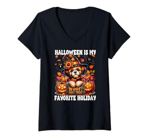Damen Halloween is My Favorite Holiday Graphic for Shih Tzu Mom T-Shirt mit V-Ausschnitt von Cute Halloween Shih Tzu Gifts For Dog Lovers