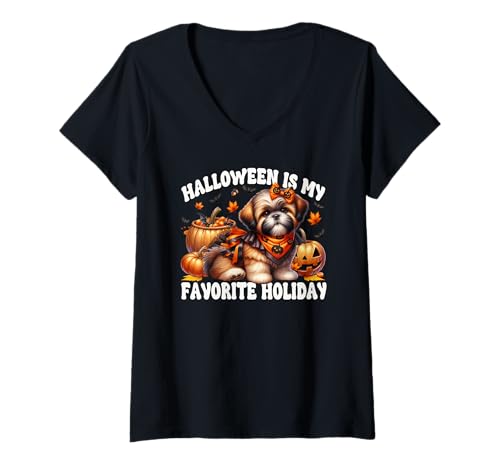Damen Halloween is My Favorite Holiday Graphic for Shih Tzu Mom T-Shirt mit V-Ausschnitt von Cute Halloween Shih Tzu Gifts For Dog Lovers