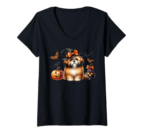 Damen Shih Tzu Halloween Witch Dog with Bats and Pumpkins for Mom T-Shirt mit V-Ausschnitt von Cute Halloween Shih Tzu Gifts For Dog Lovers