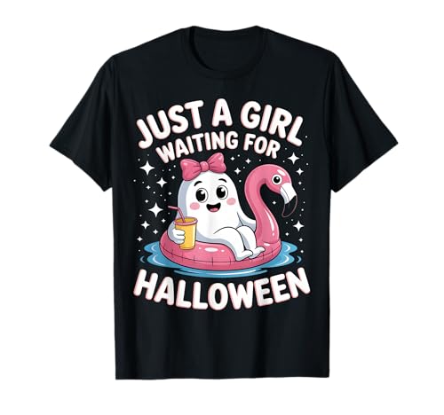 Nur EIN Mädchen, das auf den Halloween-Geisterflamingo wartet T-Shirt von Cute Halloween Summer Countdown Ghost Float