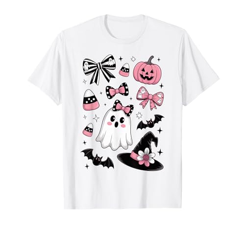Rosa Halloween Kritzeleien Geist Hexe Schleife Fledermäuse Süßigkeiten Kinder Mädchen T-Shirt von Cute Halloween Tees NYC