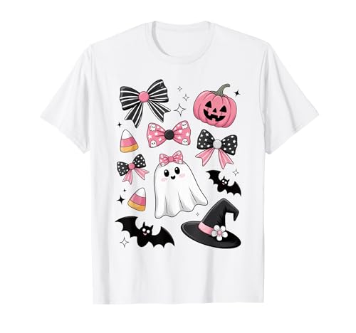 Rosa Halloween Kritzeleien Geist Kürbis Fledermäuse Süßigkeiten Kinder Mädchen T-Shirt von Cute Halloween Tees NYC