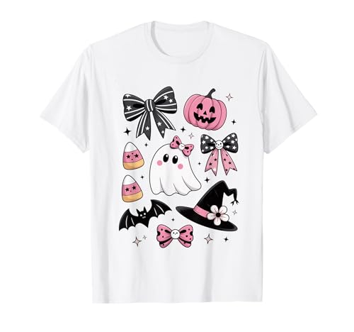Rosa Halloween Kritzeleien Geist Kürbis Fledermäuse Süßigkeiten Kinder Mädchen T-Shirt von Cute Halloween Tees NYC