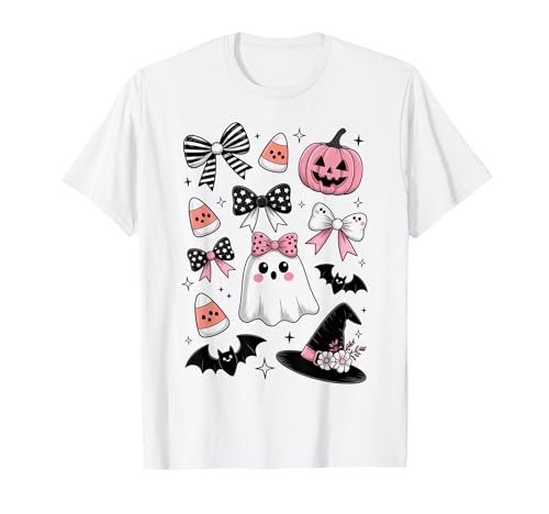 Rosa Halloween Kritzeleien Geist Kürbis Fledermäuse Süßigkeiten Kinder Mädchen T-Shirt von Cute Halloween Tees NYC