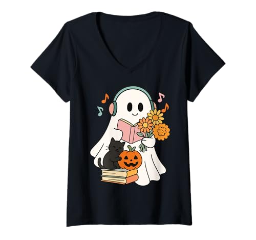 Damen Gemütliche Geisterlesung mit Katze Cute Spooky Fall T-Shirt mit V-Ausschnitt von Cute Halloween Tees and Gifts