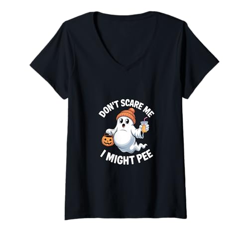 Damen Don't Scare Me I Might Pee Lustiger Geist Halloween T-Shirt mit V-Ausschnitt Damen Don't Scare Me I Might Pee Lustiger Geist Halloween T-Shirt mit V-Ausschnitt von Cute Halloween Tees