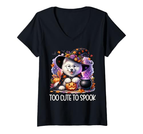 Damen Halloween Samoyed Puppy is Too Cute to Spook for Witch T-Shirt mit V-Ausschnitt Damen Halloween Samoyed Puppy is Too Cute to Spook for Witch T-Shirt mit V-Ausschnitt von Cute Halloween Witch Samoyed Gifts For Dog Lovers