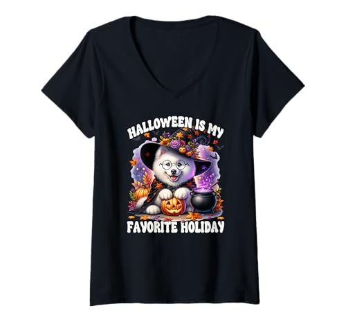 Damen Halloween is My Favorite Holiday for Dog Mom of Samoyed T-Shirt mit V-Ausschnitt Damen Halloween is My Favorite Holiday for Dog Mom of Samoyed T-Shirt mit V-Ausschnitt von Cute Halloween Witch Samoyed Gifts For Dog Lovers