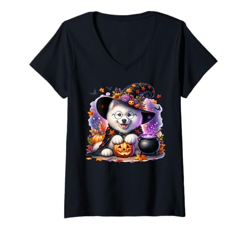 Damen Samoyed In Witch Dog Halloween Costume for Samoyed Dog Mom T-Shirt mit V-Ausschnitt Damen Samoyed In Witch Dog Halloween Costume for Samoyed Dog Mom T-Shirt mit V-Ausschnitt von Cute Halloween Witch Samoyed Gifts For Dog Lovers
