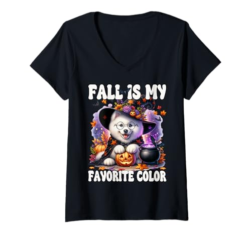 Damen Samoyed Witch Dog Halloween and Fall is My Favorite Color T-Shirt mit V-Ausschnitt Damen Samoyed Witch Dog Halloween and Fall is My Favorite Color T-Shirt mit V-Ausschnitt von Cute Halloween Witch Samoyed Gifts For Dog Lovers