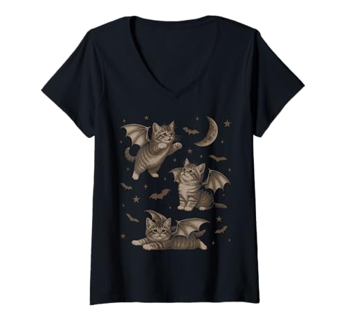 Damen Cute Cat Bat Wing 90s Vintage Halloween Fairycore Graphic T-Shirt mit V-Ausschnitt Damen Cute Cat Bat Wing 90s Vintage Halloween Fairycore Graphic T-Shirt mit V-Ausschnitt von Cute Halloween Witchy Moon Cats Stuff