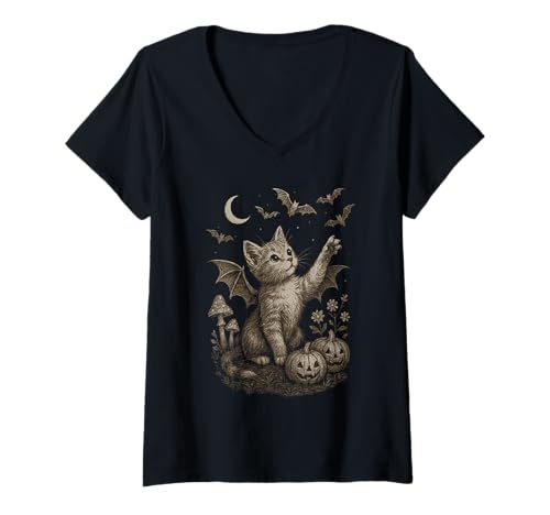 Damen Cute Cat Bat Wings Moon Fall Vintage Fairycore Graphic T-Shirt mit V-Ausschnitt Damen Cute Cat Bat Wings Moon Fall Vintage Fairycore Graphic T-Shirt mit V-Ausschnitt von Cute Halloween Witchy Moon Cats Stuff