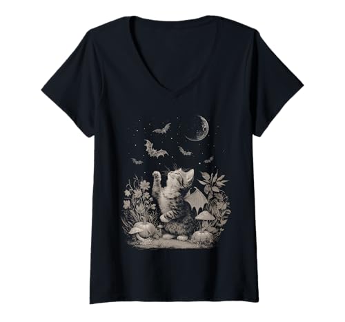 Damen Vintage Halloween Cat Bat Wings Fall Cute Fairycore Graphic T-Shirt mit V-Ausschnitt Damen Vintage Halloween Cat Bat Wings Fall Cute Fairycore Graphic T-Shirt mit V-Ausschnitt von Cute Halloween Witchy Moon Cats Stuff
