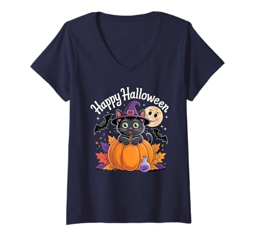 Damen Happy Halloween, Halloween Kostüm T-Shirt mit V-Ausschnitt Damen Happy Halloween, Halloween Kostüm T-Shirt mit V-Ausschnitt von Cute Happy Halloween Graphics