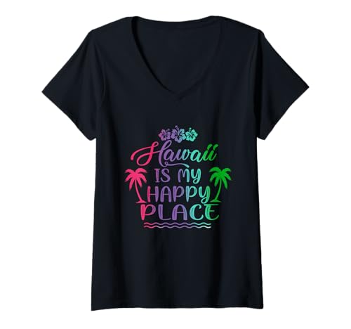 Damen Hawaii Is My Happy Place Palmen Beach Vacation T-Shirt mit V-Ausschnitt von Cute Hawaiian Palm Tree Clothes Men Women Kids