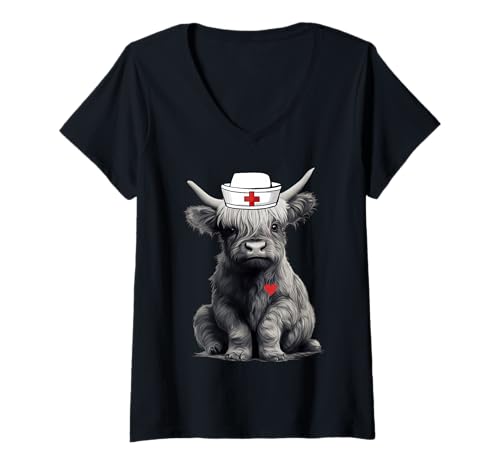Damen Süße Hochlandkuh Krankenschwester Bauernhof Kuh Tierliebhaber Stillen T-Shirt mit V-Ausschnitt Damen Süße Hochlandkuh Krankenschwester Bauernhof Kuh Tierliebhaber Stillen T-Shirt mit V-Ausschnitt von Cute Highland Cow Nurse