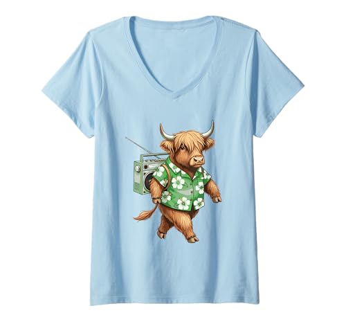 Damen Niedliche Sommerpause Hochlandkuh Bauernhoftiere Liebhaber lustige Kuh T-Shirt mit V-Ausschnitt von Cute Highland Cow Summer Farm Lovers Funny Outfit