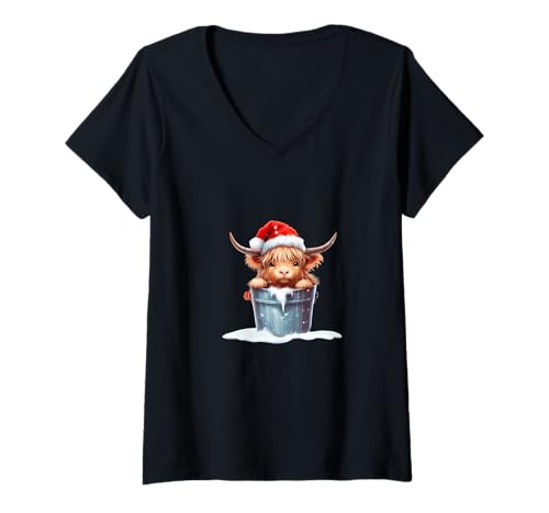 Damen Cute Highland Cow in Santa Hat Country Heifer Farm Farmer T-Shirt mit V-Ausschnitt Damen Cute Highland Cow in Santa Hat Country Heifer Farm Farmer T-Shirt mit V-Ausschnitt von Cute Highland Cow in Santa Hat Country Heifer