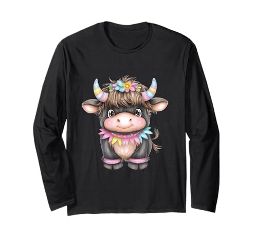 Cute Highland Cow with Rainbow Horns Kawaii Baby Cow Flower Langarmshirt von Cute Highland Cow with Rainbow Horns