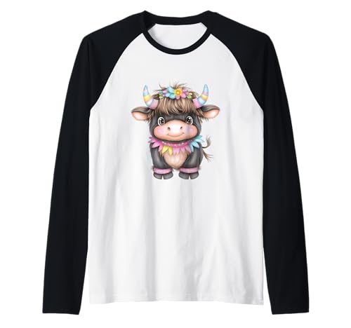 Cute Highland Cow with Rainbow Horns Kawaii Baby Cow Flower Raglan von Cute Highland Cow with Rainbow Horns