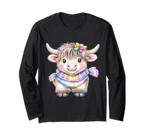 Cute Highland Cow with Rainbow Scarf – Kawaii Baby Cow Langarmshirt von Cute Highland Cow with Rainbow Scarf