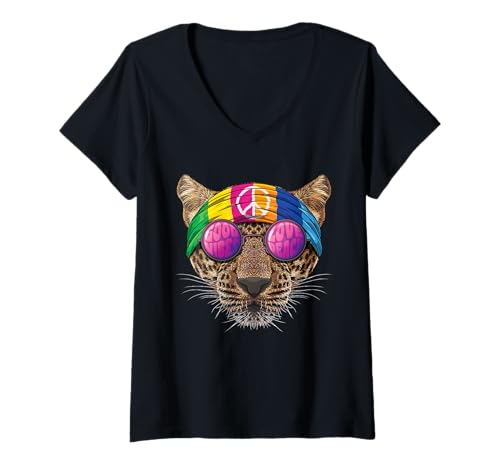 Damen Hippie Leopard Love Peace Zeichen 70er Jahre Hippie Tier T-Shirt mit V-Ausschnitt Damen Hippie Leopard Love Peace Zeichen 70er Jahre Hippie Tier T-Shirt mit V-Ausschnitt von Cute Hippie Animals