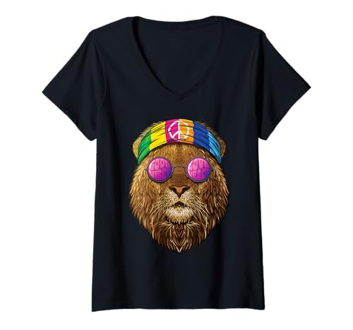 Damen Hippie Löwe Liebe Friedenszeichen 70er Jahre Hippie Großer T-Shirt mit V-Ausschnitt von Cute Hippie Animals