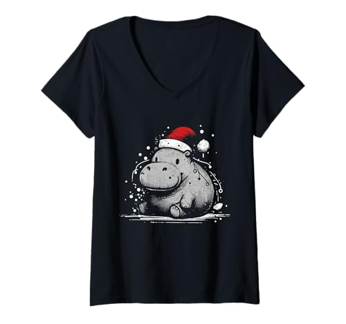 Damen Nilpferd Weihnachten, niedliches Nilpferd, Nikolausmütze, Used-Look T-Shirt mit V-Ausschnitt von Cute Hippo Christmas