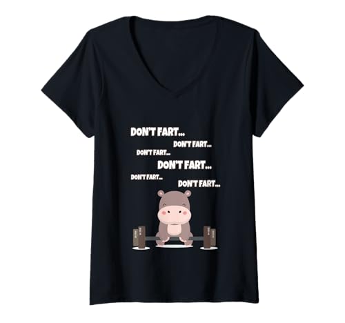 Damen Don't Fart Hippo Gewichtheben Humor T-Shirt mit V-Ausschnitt von Cute Hippo Gym Humor Weightlifting Fun
