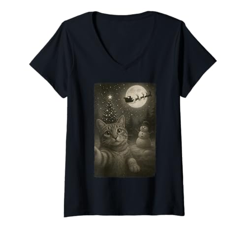Damen Lustige Katze Selfie Weihnachtsmann Schneemann Vintage Weihnachten Party T-Shirt mit V-Ausschnitt Damen Lustige Katze Selfie Weihnachtsmann Schneemann Vintage Weihnachten Party T-Shirt mit V-Ausschnitt von Cute Holiday Cozy Xmas Matching Costume Cat Lovers