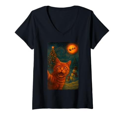Damen Lustige Katze, Selfie, Weihnachtsmann, Schneemann, Sternennacht, gemütliches Weihnachten T-Shirt mit V-Ausschnitt Damen Lustige Katze, Selfie, Weihnachtsmann, Schneemann, Sternennacht, gemütliches Weihnachten T-Shirt mit V-Ausschnitt von Cute Holiday Xmas Matching Costume Cat Lovers