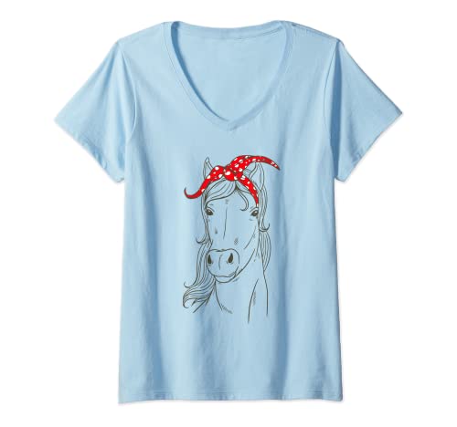 Damen Reitkleidung Pferdeschädel Bandana Kopftuch Pferde T-Shirt mit V-Ausschnitt von Cute Horse Pony Artwork Accessories Hobby Gift