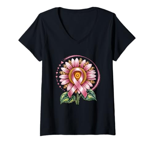 Damen Brustkrebs Sonnenblume Rosa Schleife Leopard Bewusstsein Frauen T-Shirt mit V-Ausschnitt Damen Brustkrebs Sonnenblume Rosa Schleife Leopard Bewusstsein Frauen T-Shirt mit V-Ausschnitt von Cute In October We Wear Pink
