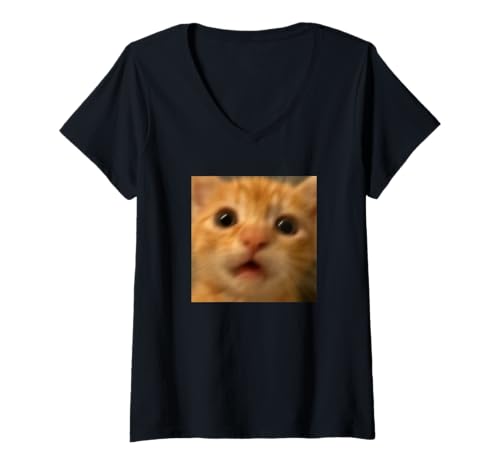 Damen Lustiges überraschtes orangefarbenes Kätzchen-Foto-Meme T-Shirt mit V-Ausschnitt von Cute Internet Cat Meme Humor (Kitten)