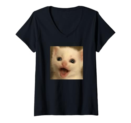 Damen Lustiges überraschtes weißes Kätzchen-Katzen-Foto-Meme T-Shirt mit V-Ausschnitt von Cute Internet Cat Meme Humor (Kitten)