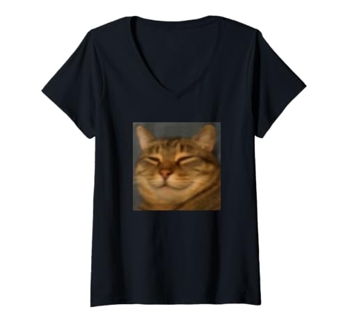 Damen Lustiges Chill Katzengesicht Nahaufnahme verschwommenes Foto Meme T-Shirt mit V-Ausschnitt von Cute Internet Cat Meme Style Humor (Chill)