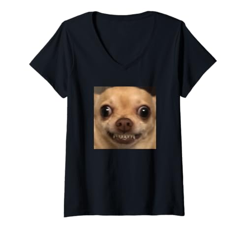 Damen Lustiger verschwommener Chihuahua Gruseliger lächelnder Hund Meme T-Shirt mit V-Ausschnitt von Cute Internet Dog Humor Meme (Chihuahua)