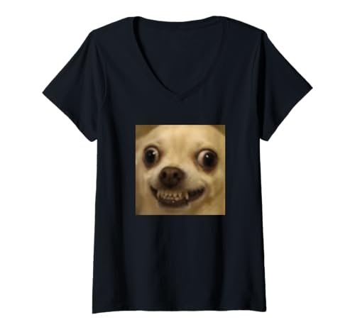 Damen Lustiges unscharfes Chihuahua gruseliges Lächeln Hund Meme T-Shirt mit V-Ausschnitt von Cute Internet Dog Meme Humor (Chihuahua)
