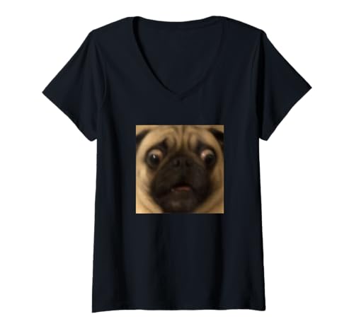 Damen Lustiger verschwommener Mops-Hund, Meme-Stil, Foto-Grafik T-Shirt mit V-Ausschnitt von Cute Internet Dog Meme Humor (Pug)