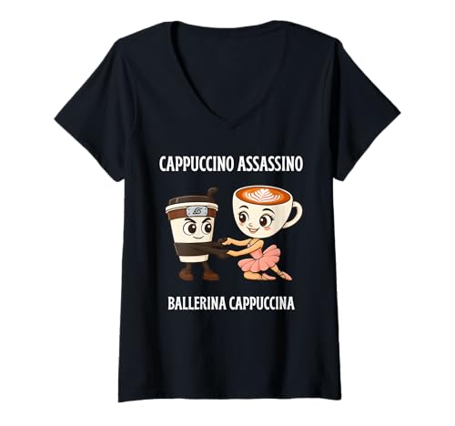 Damen Cappuccino Assassino & Ballerina Lustiges italienisches Gehirnrot Meme T-Shirt mit V-Ausschnitt von Cute Internet Humor Matching Couple Coffee Lovers