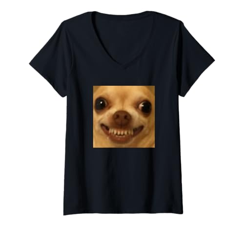 Damen Lustiges gruseliges Lächeln Chihuahua Gesicht Meme verschwommenes Foto T-Shirt mit V-Ausschnitt von Cute Internet Meme Art Graphic (Chihuahua)