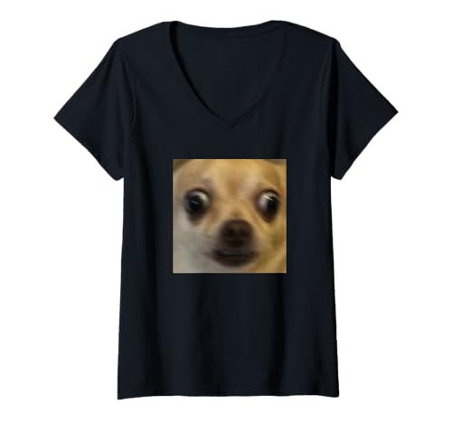 Damen Lustiges verängstigtes Chihuahua-Gesicht Hund Meme verschwommenes Foto T-Shirt mit V-Ausschnitt von Cute Internet Meme Art Graphic (Chihuahua)