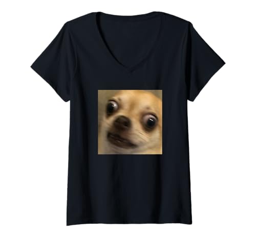 Damen Lustiges überraschtes Chihuahua-Gesicht Hund Meme verschwommenes Foto T-Shirt mit V-Ausschnitt von Cute Internet Meme Art Style (Chihuahua)