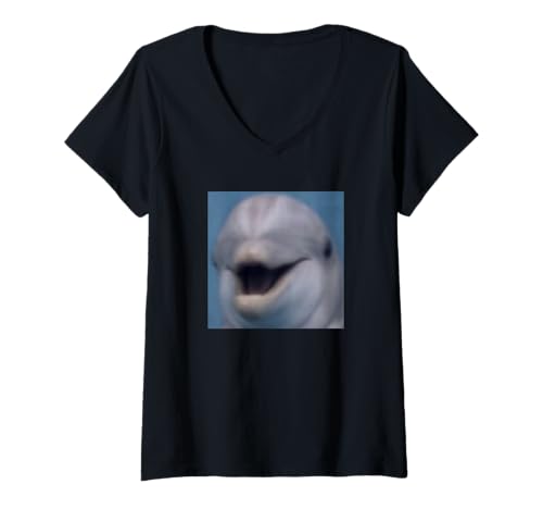 Damen Lustiges süßes lächelndes Delfingesicht Meme verschwommenes Foto T-Shirt mit V-Ausschnitt von Cute Internet Meme Humor Style (Dolphin)