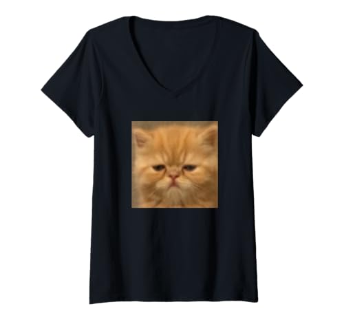 Damen Lustiges verschlafenes persisches Kätzchen-Gesicht Meme verschwommenes Foto T-Shirt mit V-Ausschnitt von Cute Internet Meme Style Art (Persian Kitten)