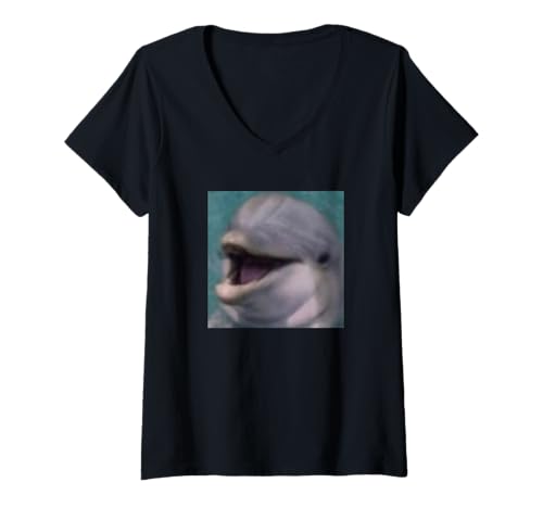 Damen Lustiges süßes Delfingesicht Nahaufnahme Meme verschwommenes Foto T-Shirt mit V-Ausschnitt von Cute Internet Meme Style Humor (Dolphin)