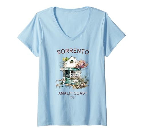 Damen Sorrento, Amalfiküste, Italien, Italia, Café, Travel Art T-Shirt mit V-Ausschnitt Damen Sorrento, Amalfiküste, Italien, Italia, Café, Travel Art T-Shirt mit V-Ausschnitt von Cute Italian Art Designs